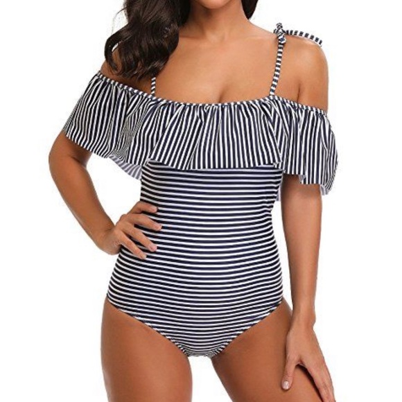 Sesy Other - Sesy One Piece Off Shoulder Ruffle Striped Swim M